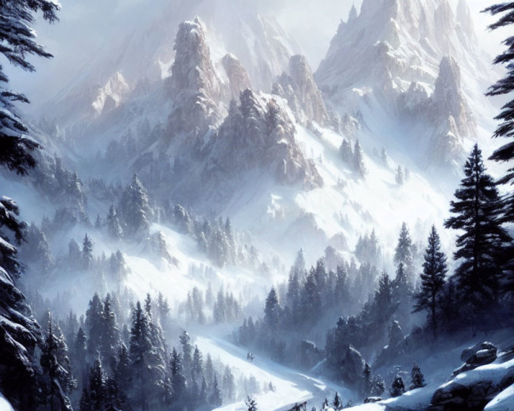 Majestic snow-covered mountain scene with pine trees and soft sunlight.