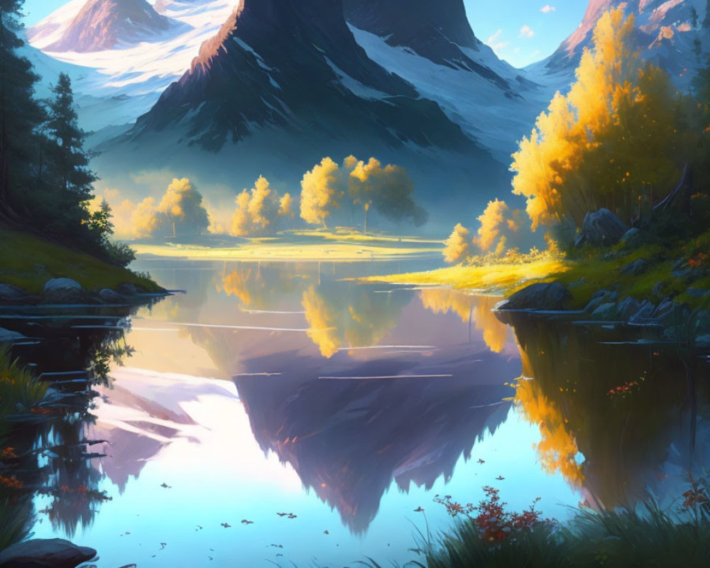 Scenic Mountain Lake with Autumn Trees and Peaks Reflections