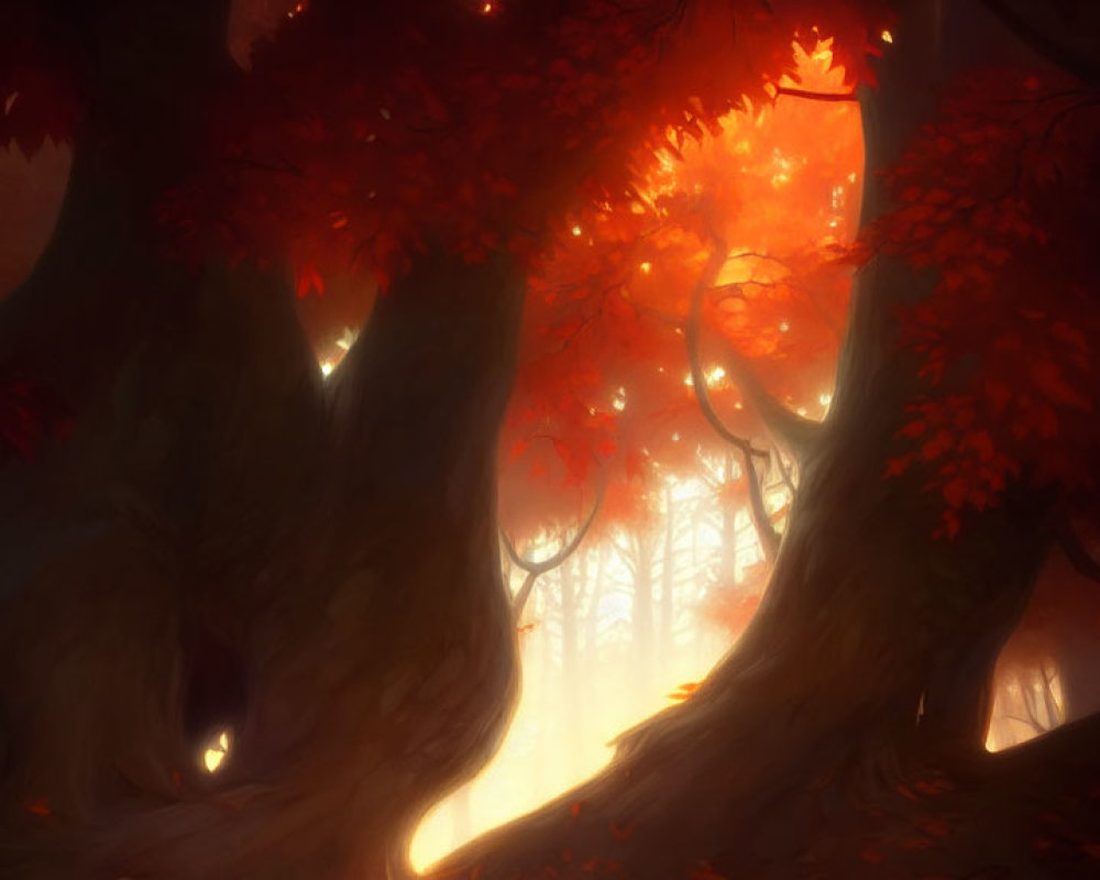 Golden sunlight illuminates vibrant autumn forest scene