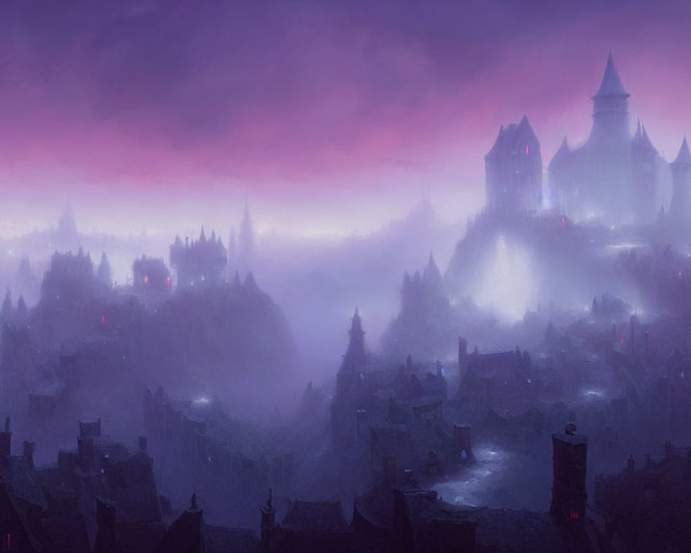 Gothic town with spire-topped buildings and castle in misty twilight