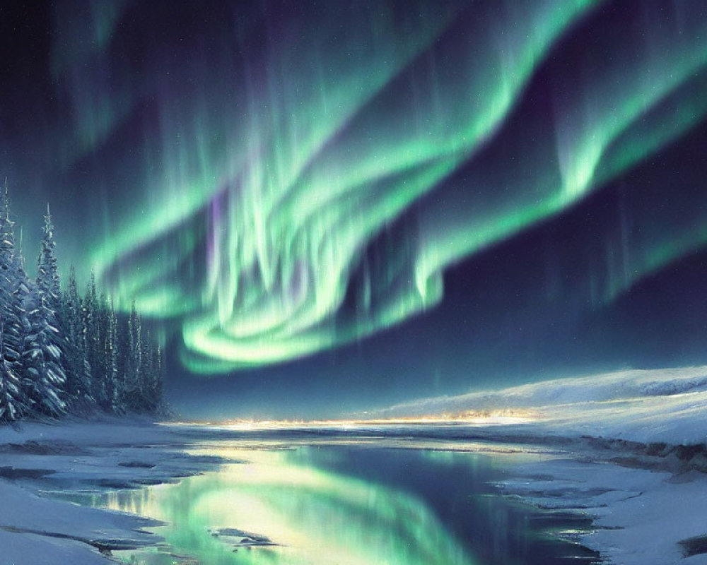 Snowy Night Landscape: Northern Lights Over Calm River