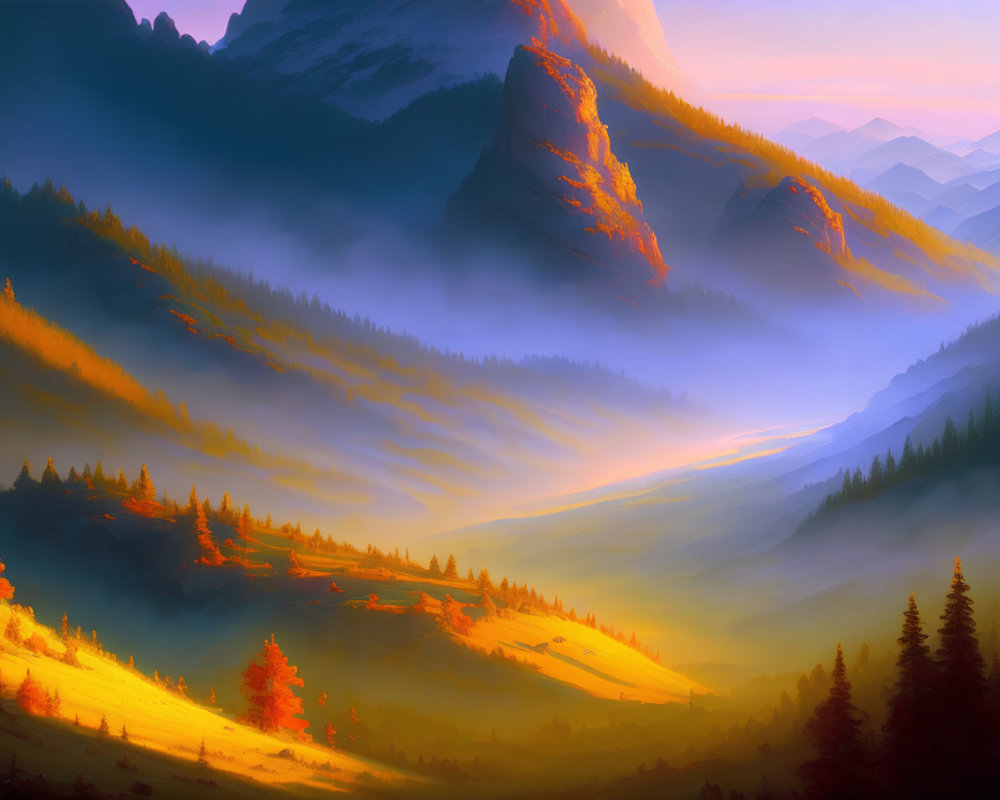 Scenic sunrise landscape with hills, mountain, forests, and valleys