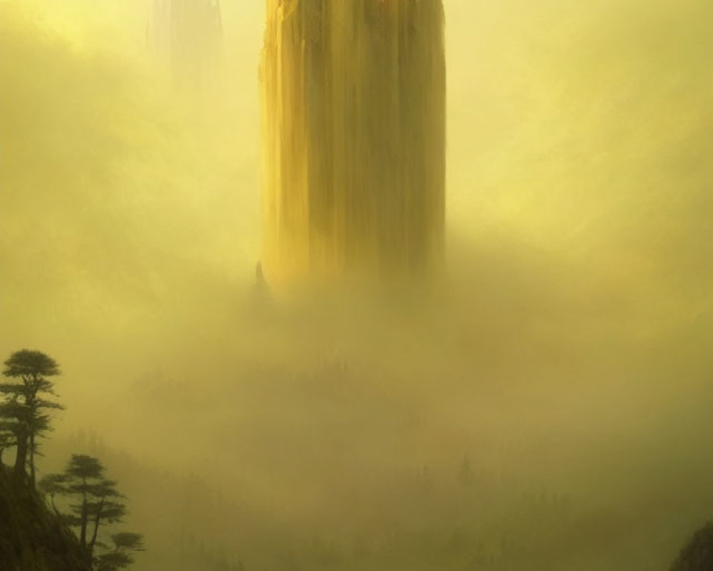 Golden-hued castle in misty forest landscape