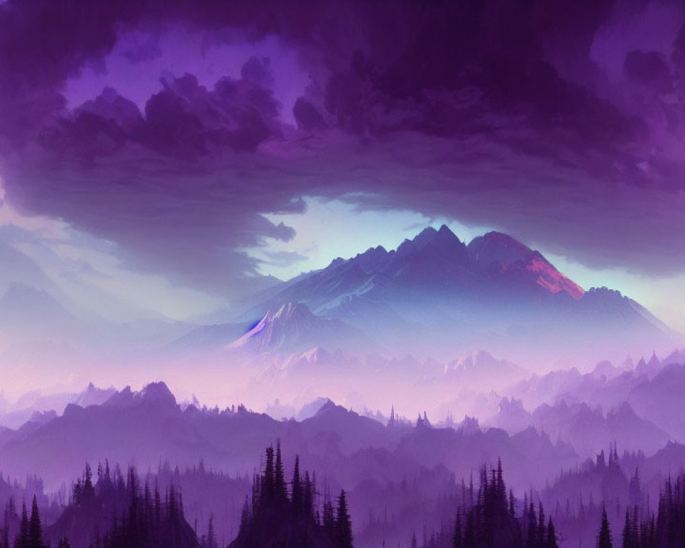 Digital Artwork: Serene Mountain Range at Dusk with Purple Skies