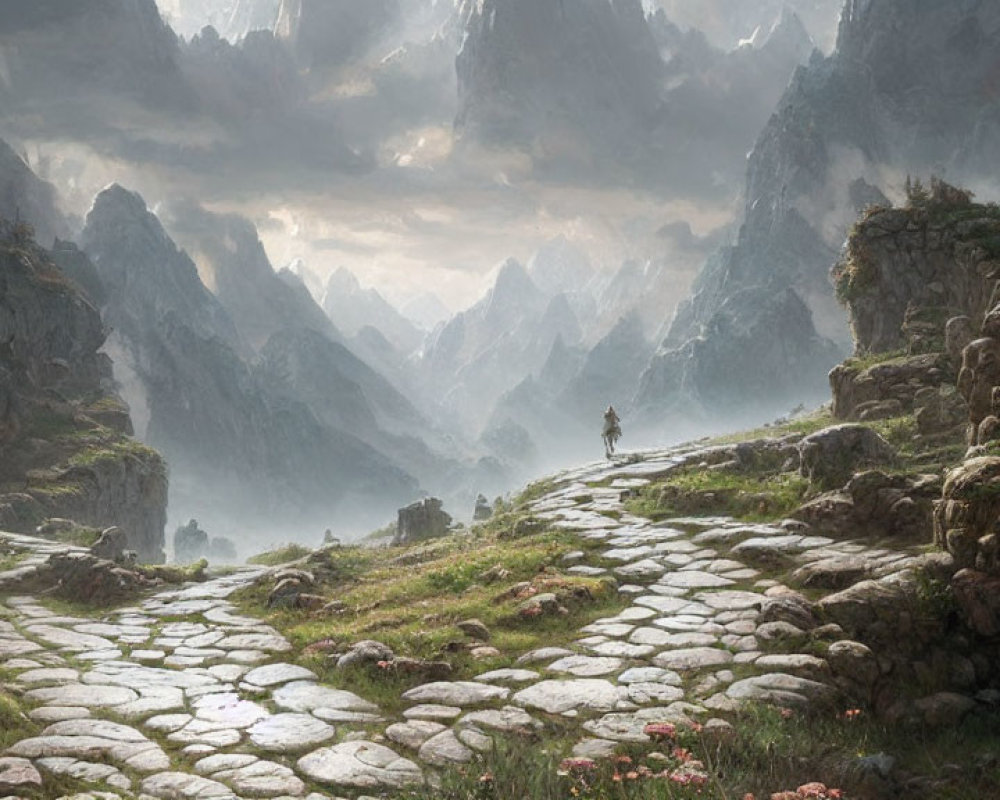 Lone traveler on stone path in misty mountain landscape