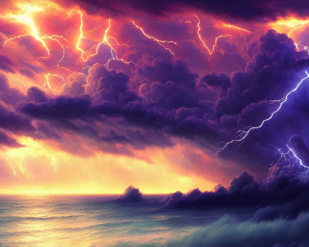 Dramatic ocean storm with purple clouds and lightning strikes