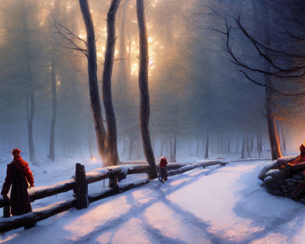 Snowy forest scene at dusk with bonfire, person by fence