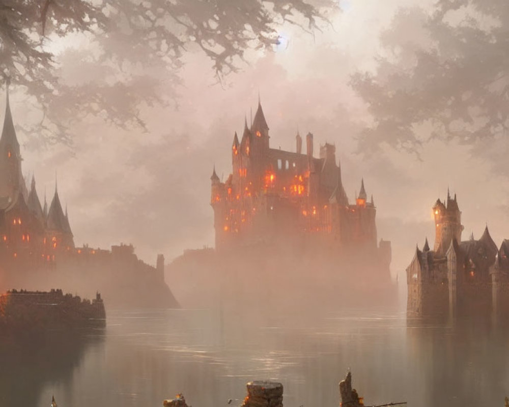 Mystical castle in foggy landscape with glowing windows