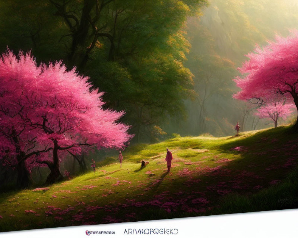 Digital Art: Pink Cherry Blossom Trees in Fantastical Forest