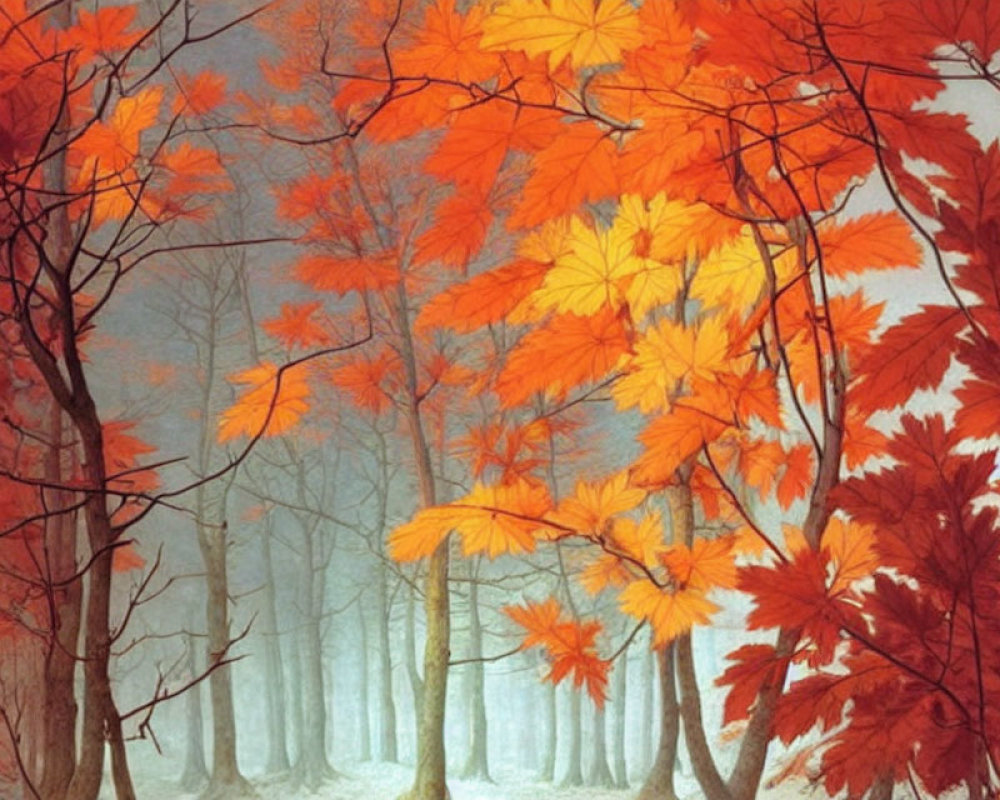 Contrast of vibrant orange leaves and misty bare forest