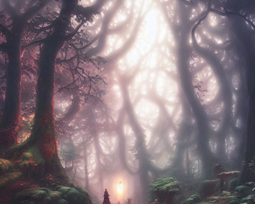 Enchanting forest scene with figure, lantern, and glowing orbs