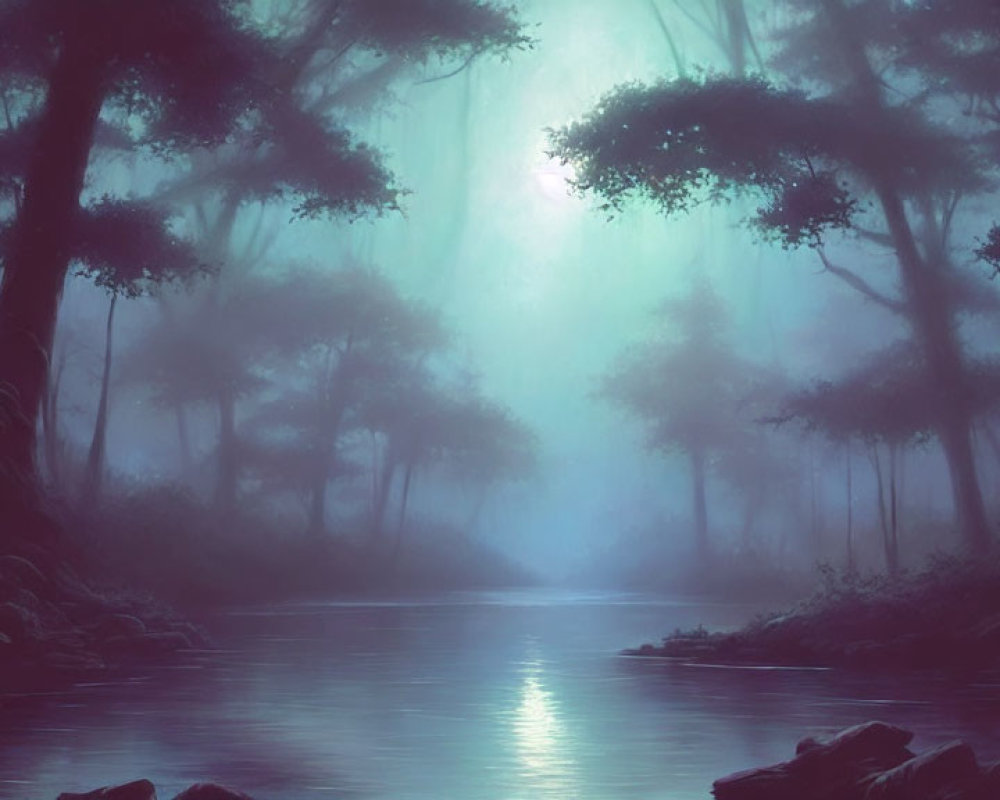 Tranquil river in misty forest with silhouetted trees