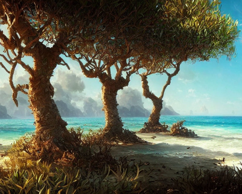 Tranquil beach scene with gnarled trees and turquoise waters