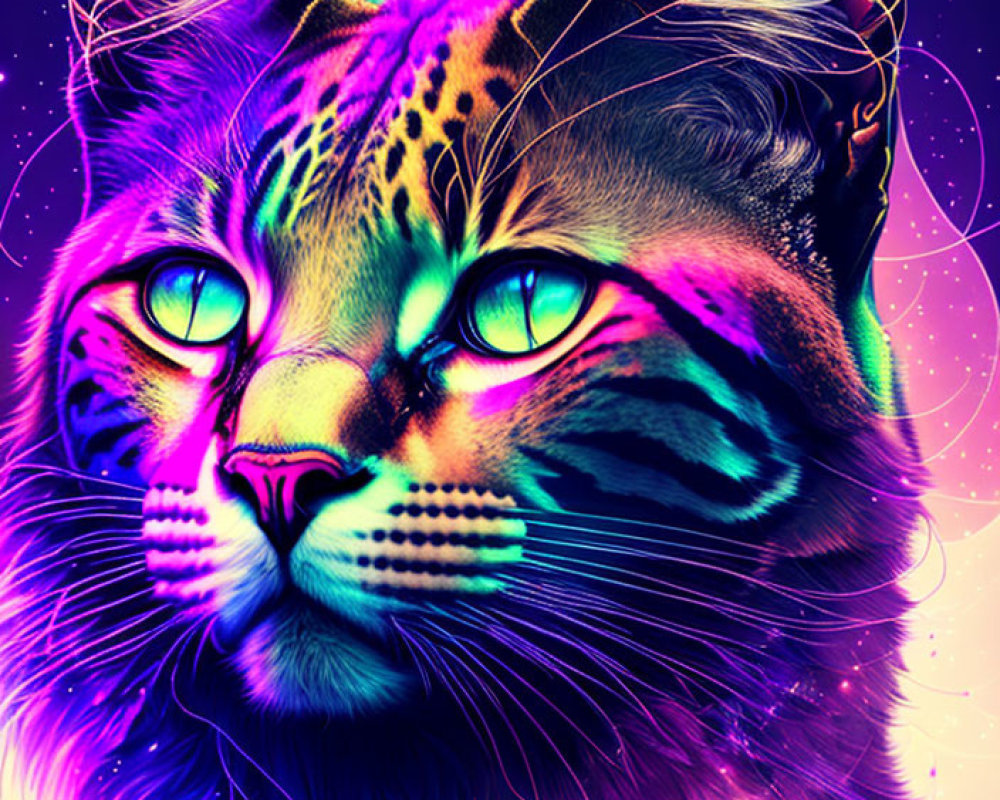 Vibrant digital artwork: Neon cat with blue, purple, and pink hues