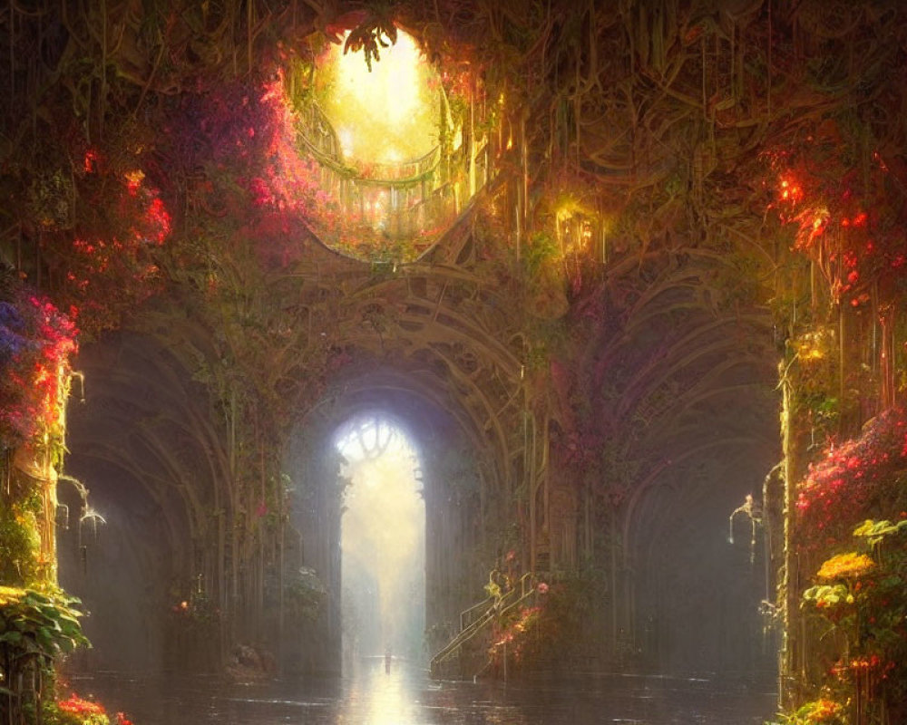 Sunlit hallway with overgrown flora and intricate arches in mystical setting