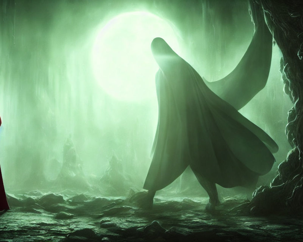 Cloaked figure in cavernous landscape under green moon