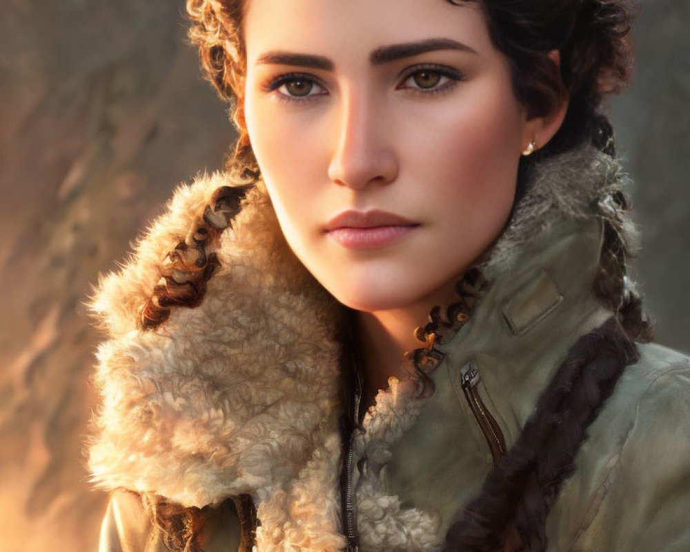 Dark-haired woman in fur-lined coat with intense gaze against mountain backdrop