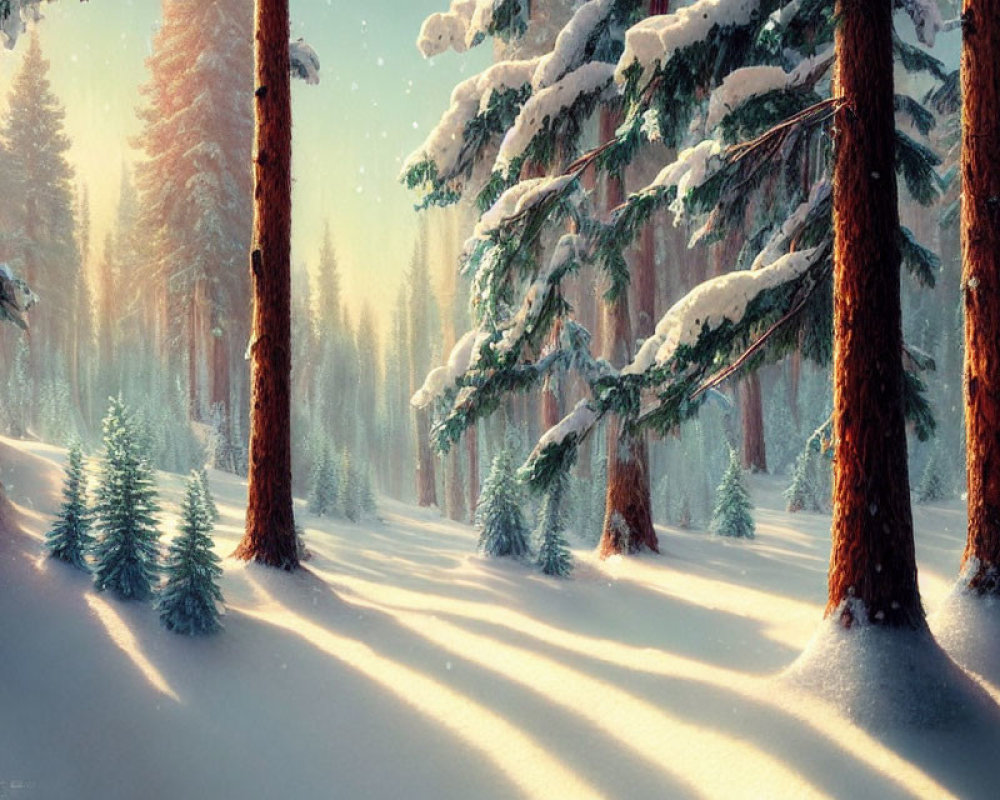 Snow-covered winter forest with sunlight and long shadows