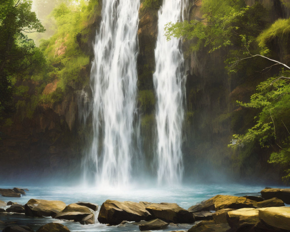 Tranquil waterfall scene with lush greenery and rocks