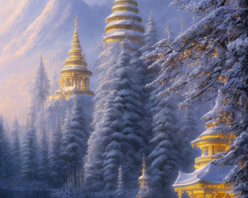 Winter mountain landscape with snow-covered trees and illuminated pagodas