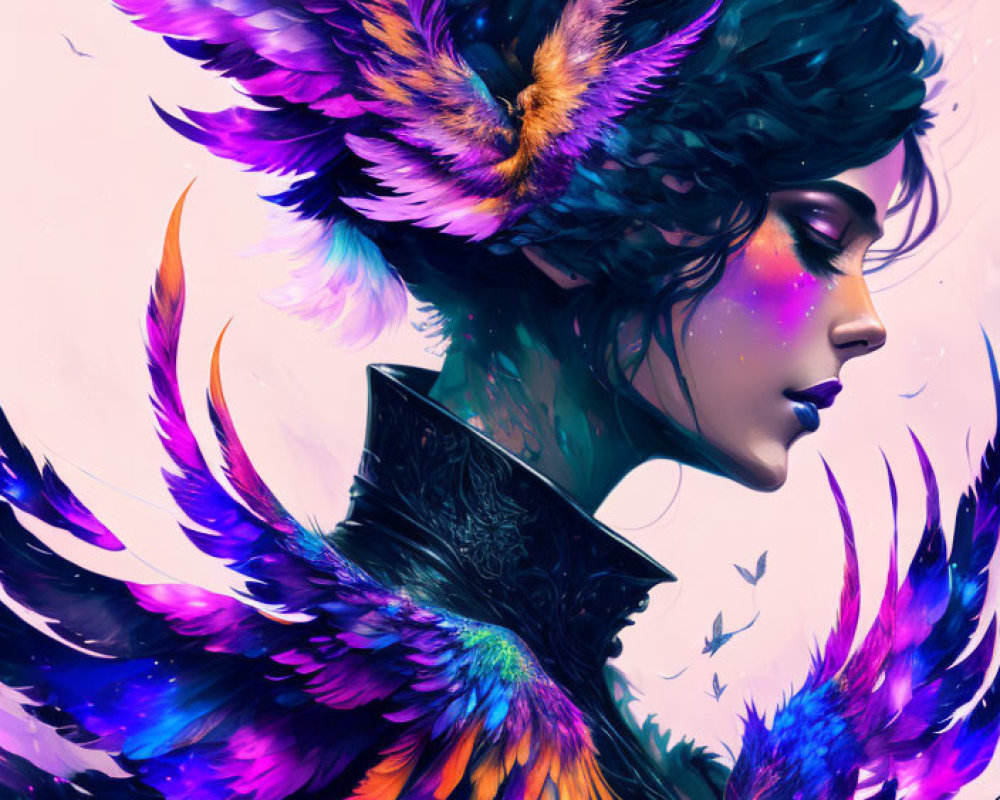 Colorful Feathers Surrounding Person in Vibrant Portrait