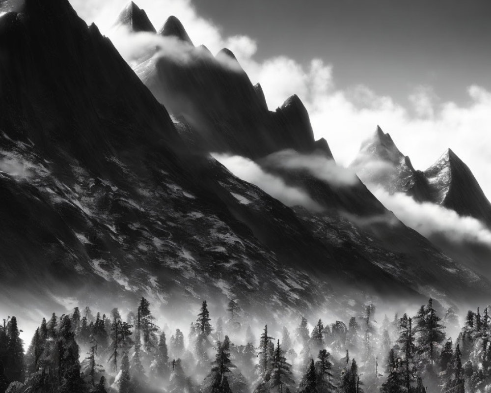 Black and white photo of misty mountain range and dense forest