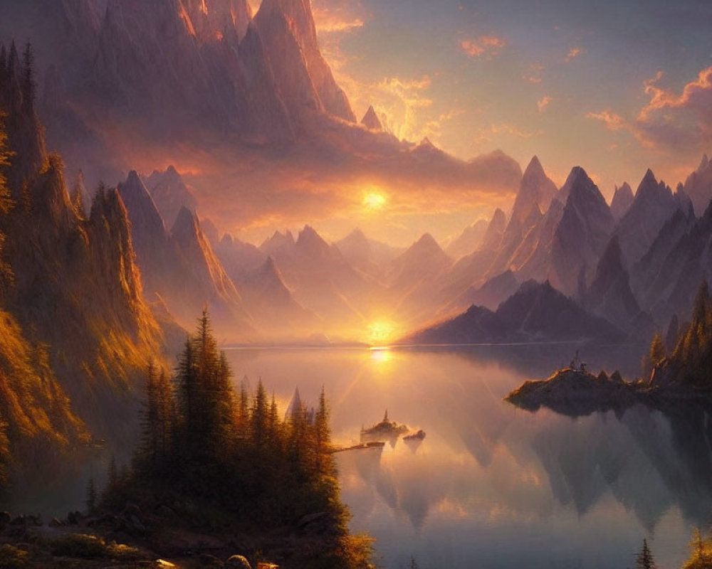 Tranquil sunrise over mountain lake with lush foliage