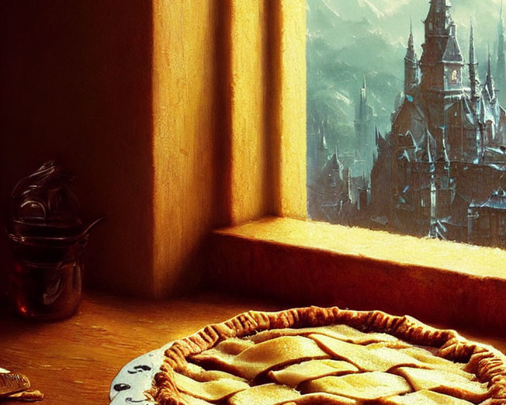 Freshly Baked Pie on Windowsill with Majestic Castle Sunset View