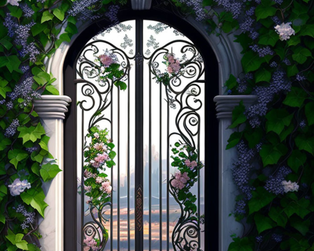 Black wrought-iron gate with floral motifs and stone archway in lush garden.