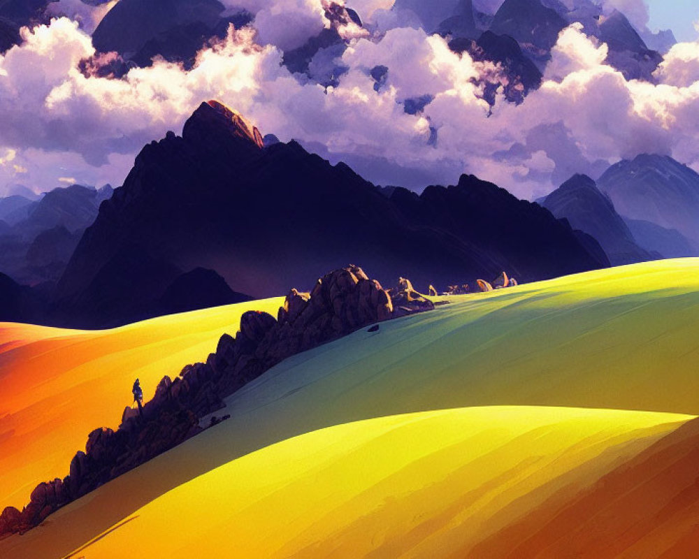 Colorful digital artwork of rolling hills under dramatic sky & mountains