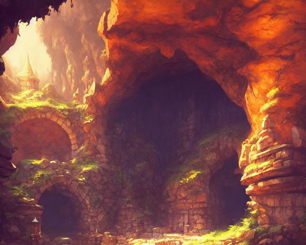 Mystical cavern with ancient stone structures and lush greenery