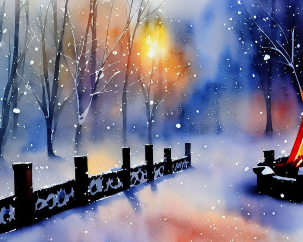 Snow-covered Landscape Watercolor Painting with Campfire and Falling Snowflakes