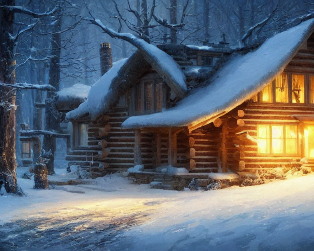 Snow-covered forest cabin with glowing windows at dusk