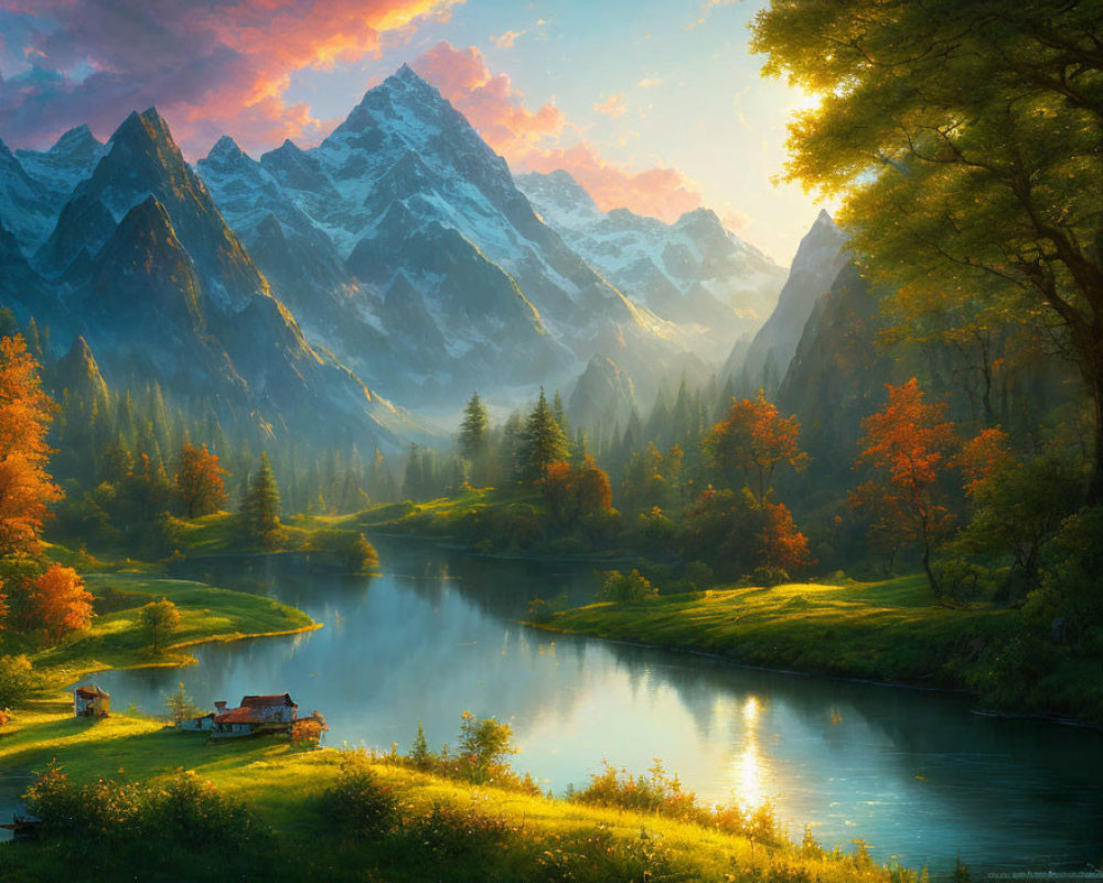 River, Cottage, Autumn Trees, Snow-Capped Mountains, Sunrise Landscape