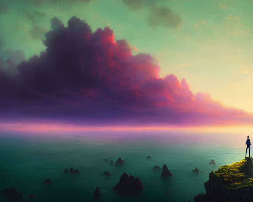 Cliffside view of sea with scattered islets under dramatic dusk sky