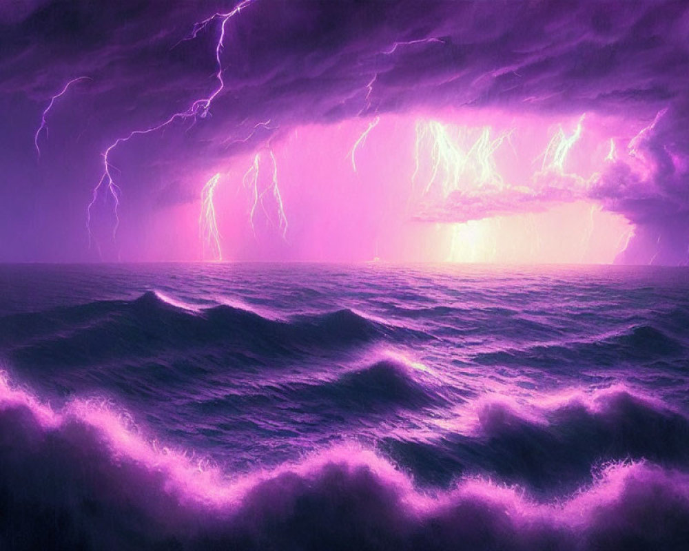 Dramatic ocean scene with purple clouds and lightning bolts