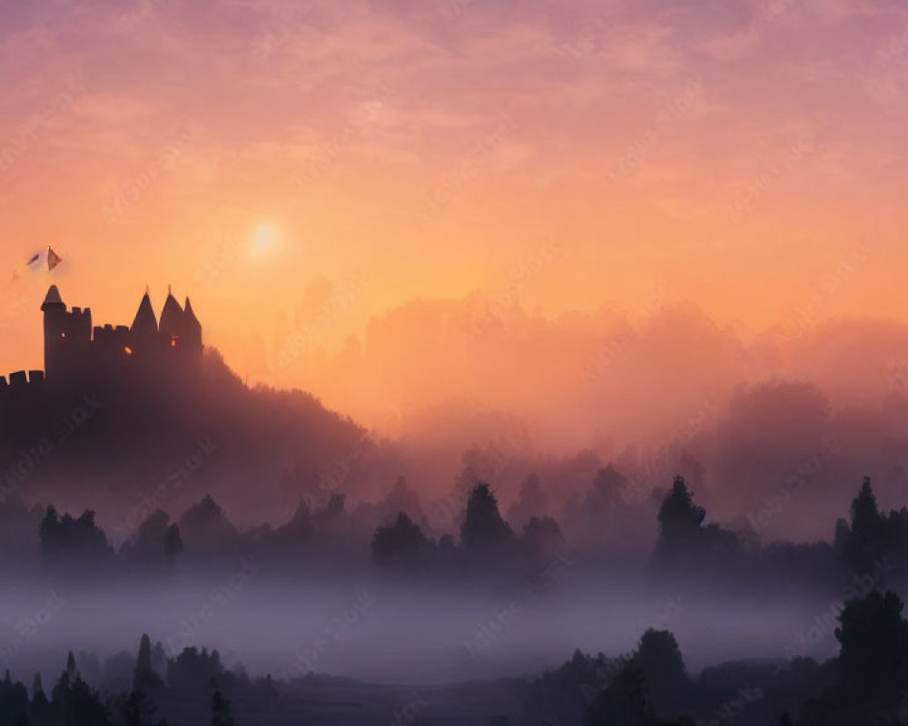 Misty sunrise landscape with castle silhouette and forest under orange and purple sky