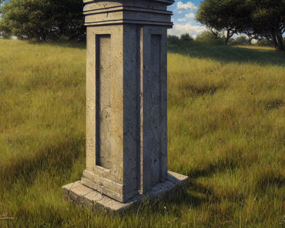 Aged Stone Pillar in Serene Field with Trees and Clear Sky