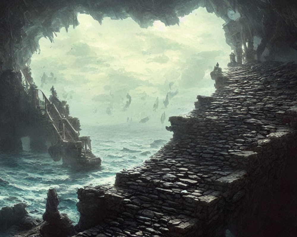 Ancient stone staircase leading to subterranean cavern with tranquil sea and ships.