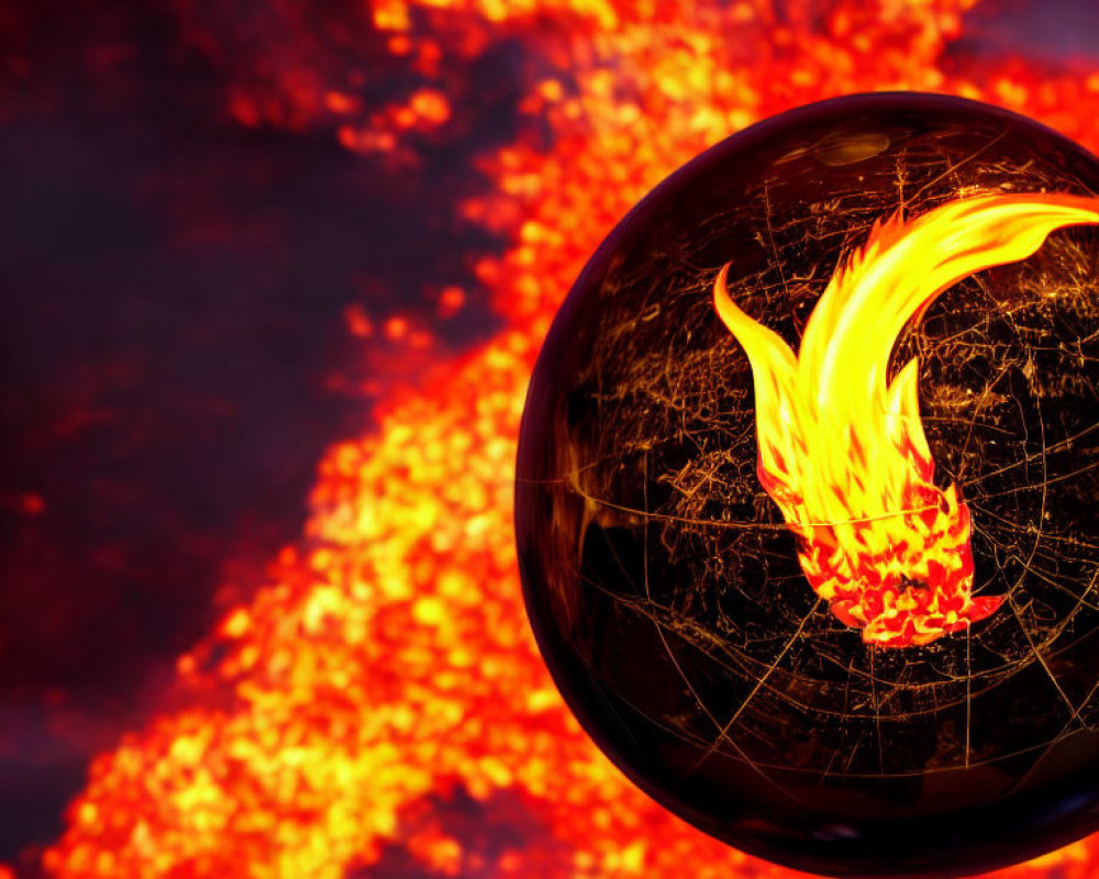 Shiny black globe with orange trails over molten lava background