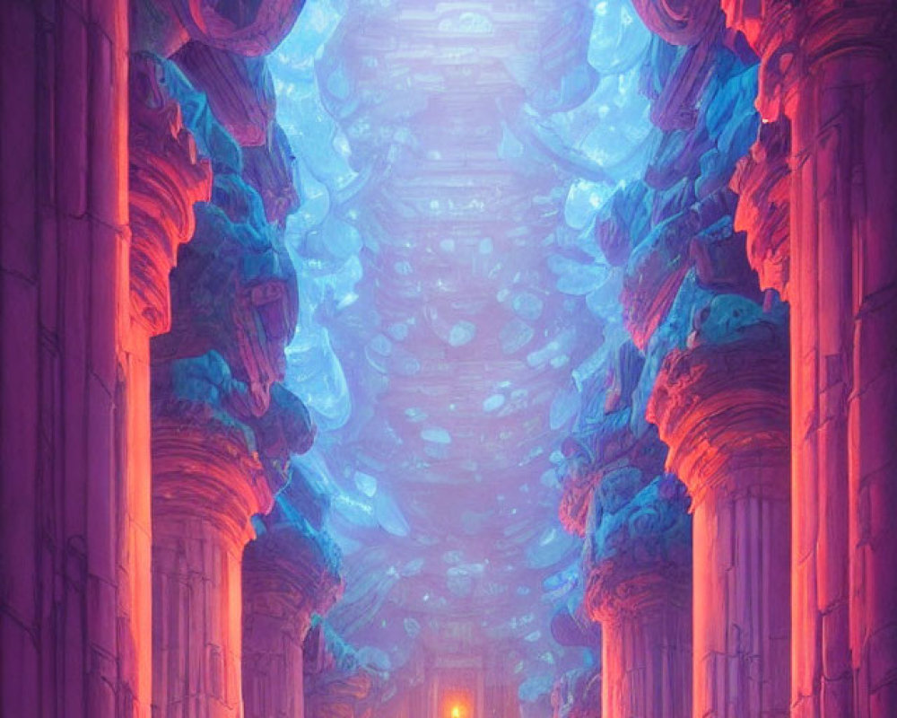 Mystical Ancient Hallway with Glowing Pillars and Golden Doorway