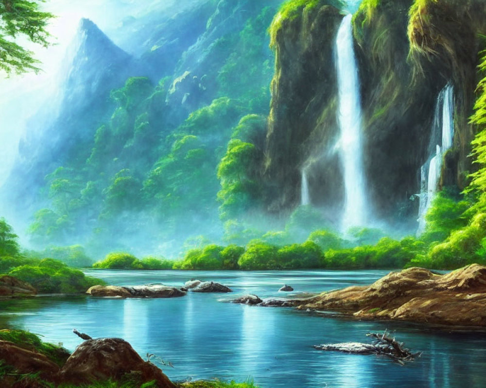 Tranquil landscape with lush green forest, waterfalls, river, and foliage