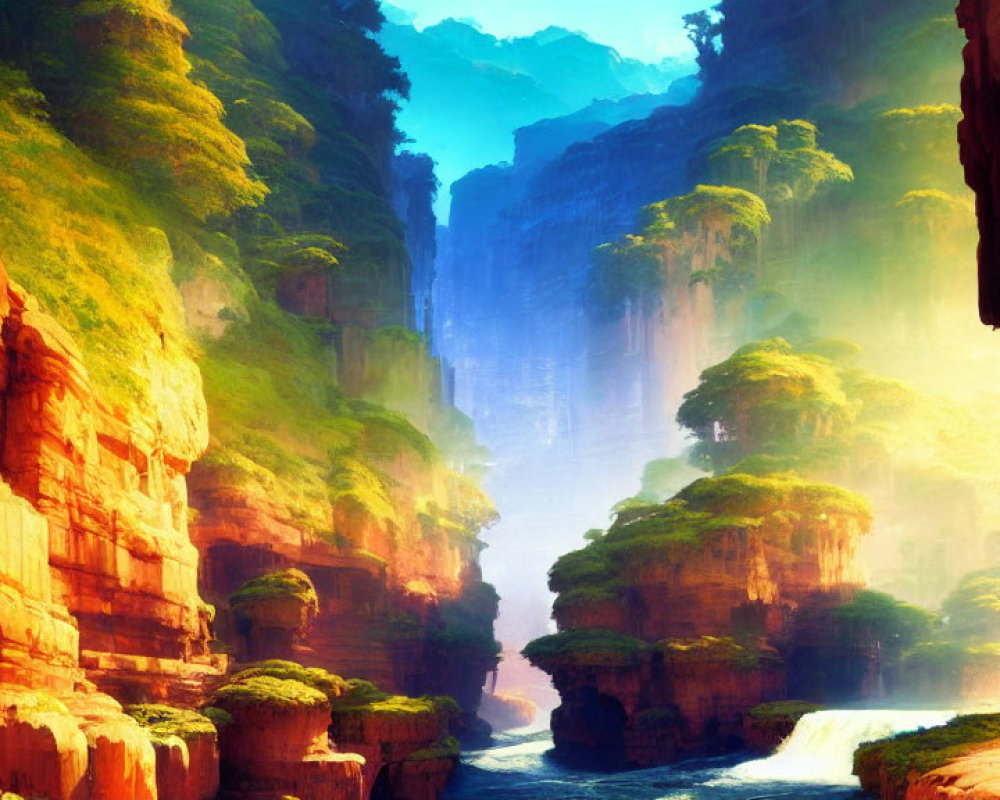 Majestic mythical landscape with canyons, greenery, waterfalls, and foggy backdrop