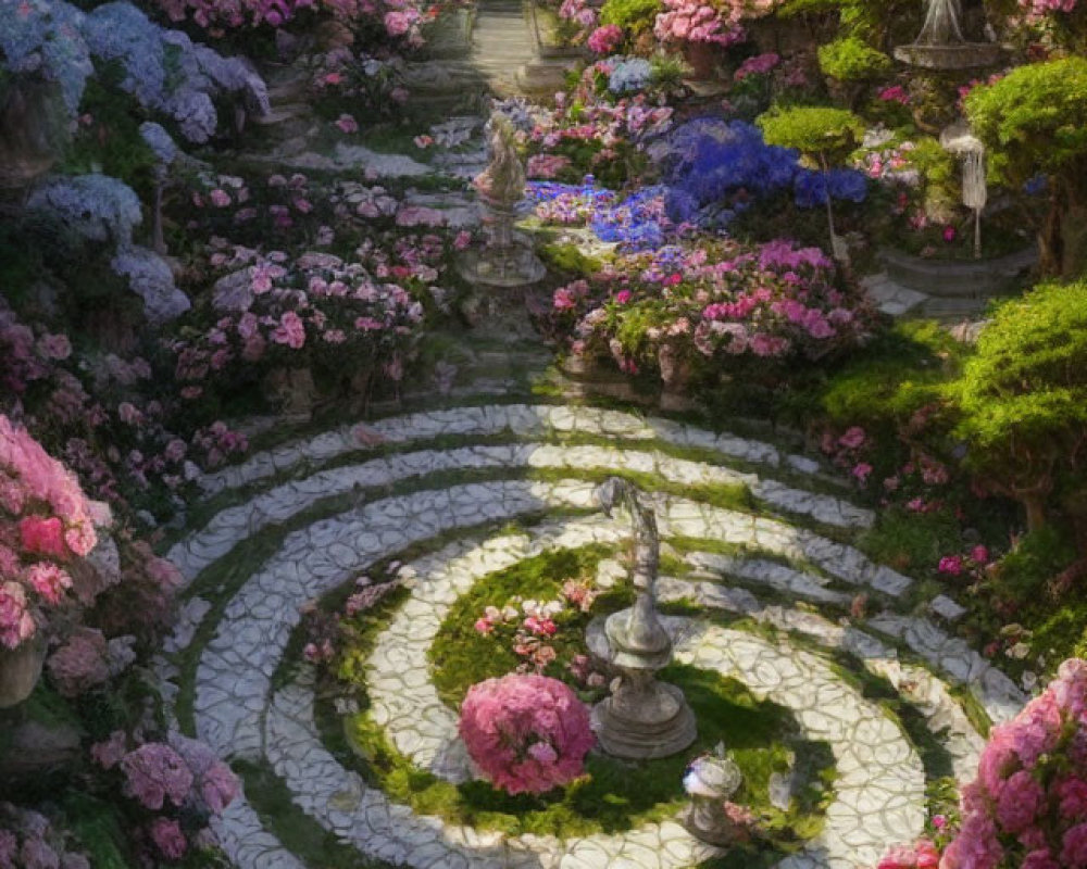 Whimsical garden path with pink and blue hydrangeas, ornate fountain, ancient ruins,