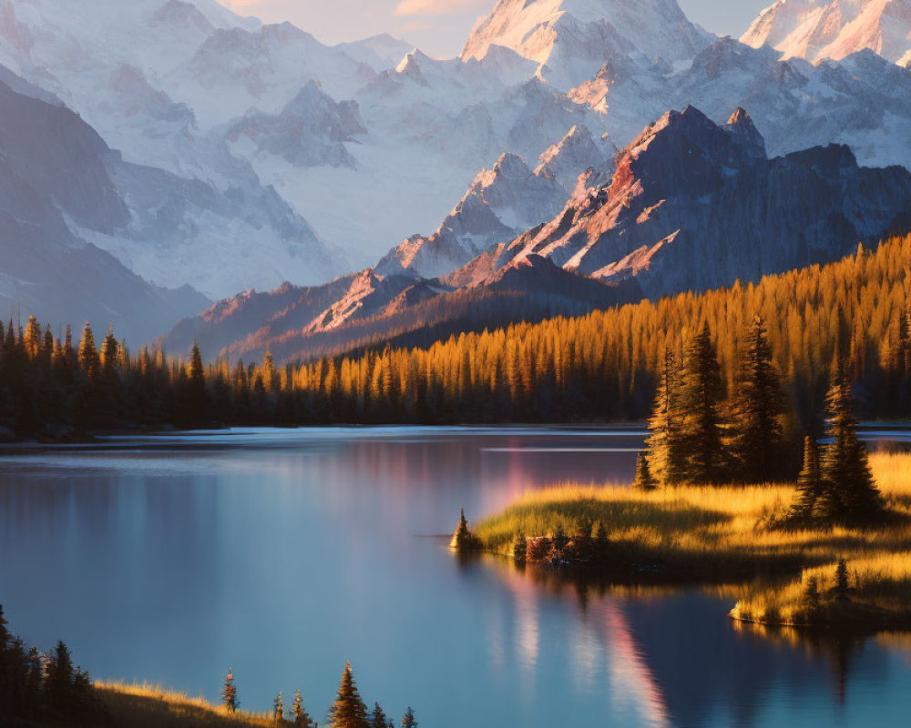 Snow-Capped Mountains Reflected in Alpine Lake at Sunrise