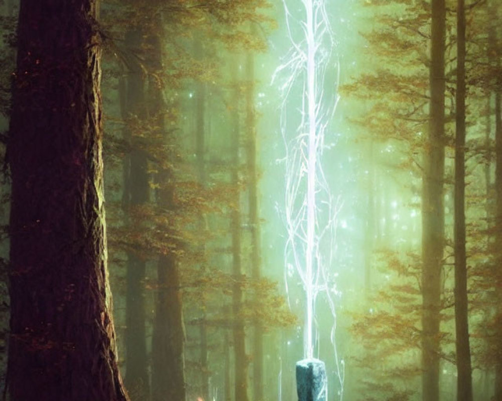 Person in mystical forest observing stone emitting bright energy amidst foggy trees