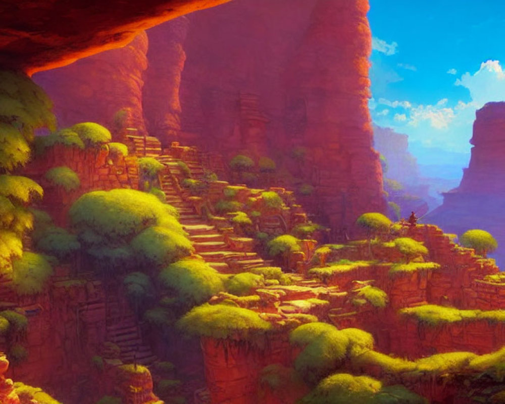 Lush canyon with terraced greenery and red rock formations in golden light