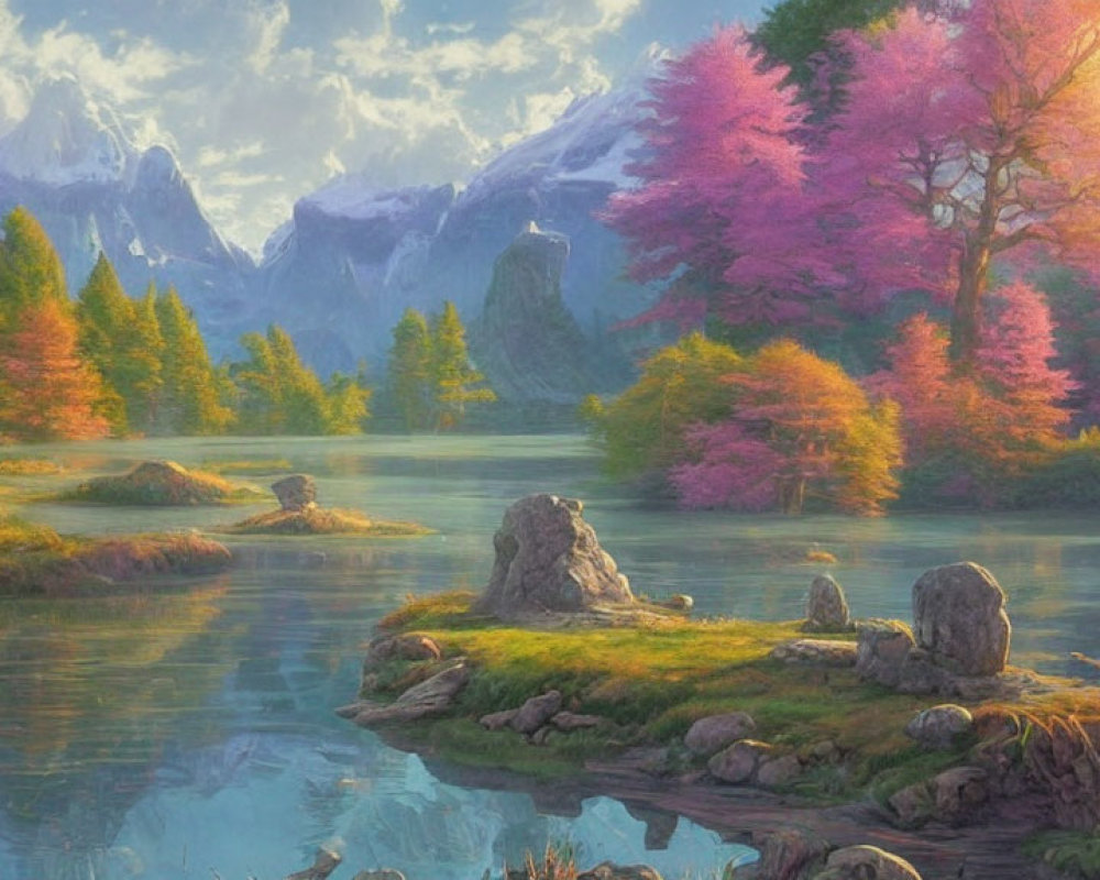 Tranquil River, Vibrant Forest, Mountain Backdrop at Sunrise or Sunset