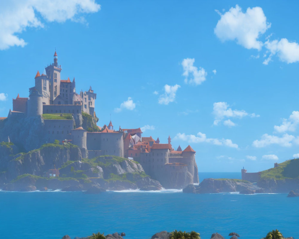 Majestic castle on rocky coastal cliff under clear blue sky