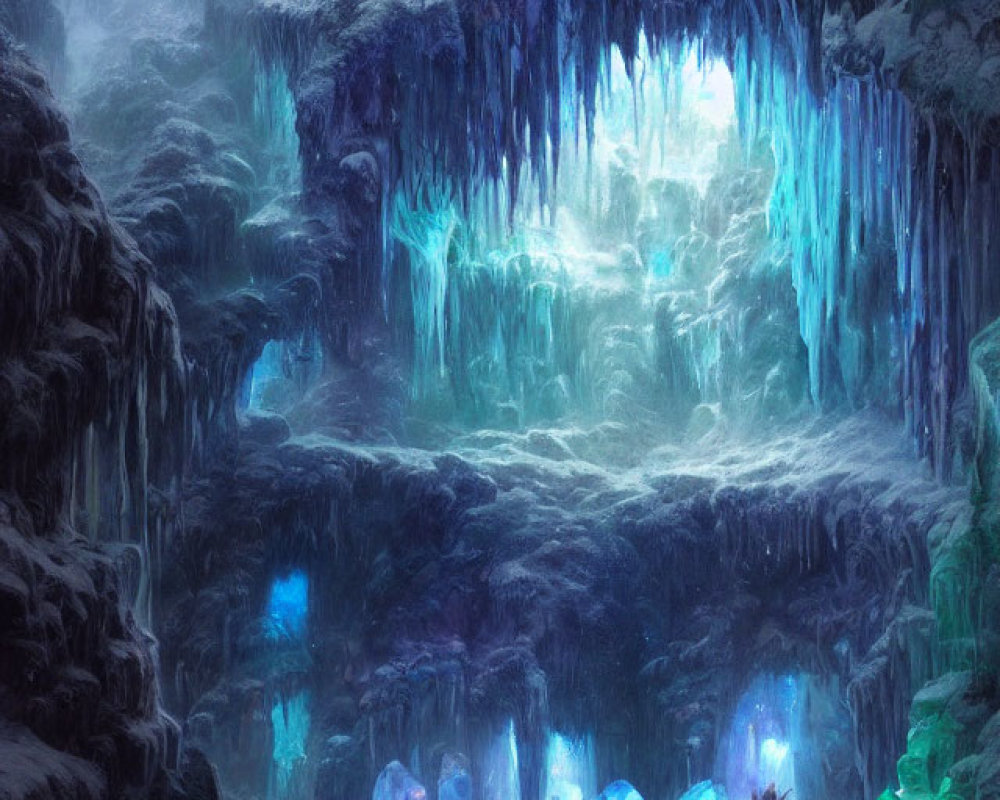 Mystical icy cave with glowing blue and green crystals